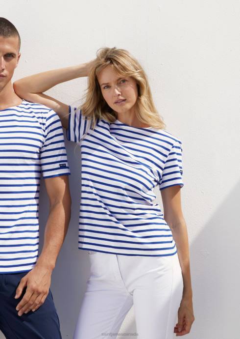 Saint James Unisex LEVANT MODERN V4HD43 Breton Stripe Short Sleeve Shirt Soft Cotton WHITE/ROYAL BLUE - Image 1