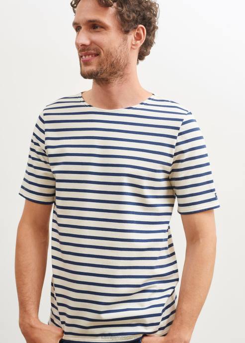 Saint James Unisex LEVANT MODERN V4HD46 Breton Stripe Short Sleeve Shirt Soft Cotton ECRU/NAVY - Image 2