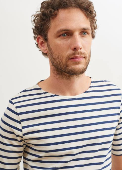 Saint James Unisex LEVANT MODERN V4HD46 Breton Stripe Short Sleeve Shirt Soft Cotton ECRU/NAVY - Image 3