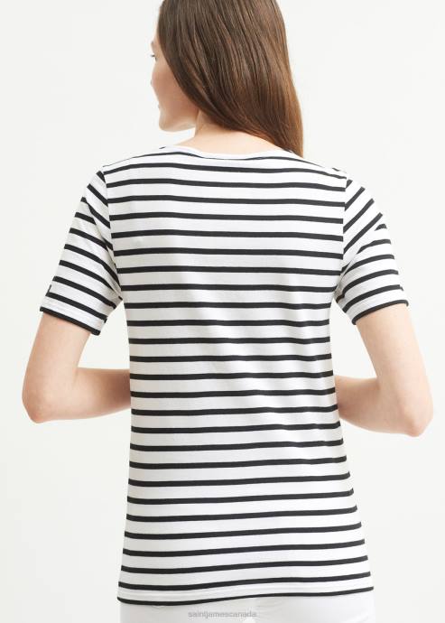 Saint James Unisex LEVANT MODERN V4HD53 Breton Stripe Short Sleeve Shirt Soft Cotton WHITE/BLACK - Image 2