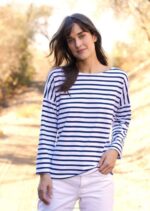 Saint James Unisex MINQUIERS DROP II V4HD40 Drop-Shoulder Breton Striped Shirt Soft Cotton Straight Fit WHITE/NAVY
