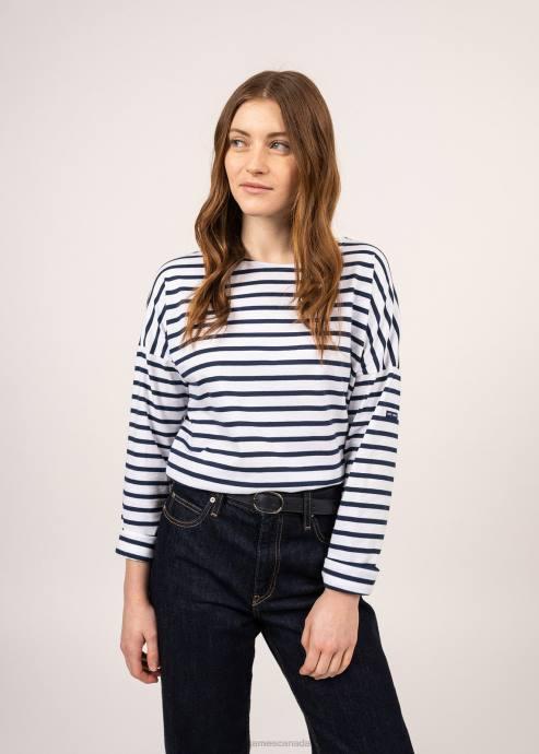 Saint James Unisex MINQUIERS DROP II V4HD40 Drop-Shoulder Breton Striped Shirt Soft Cotton Straight Fit WHITE/NAVY - Image 4