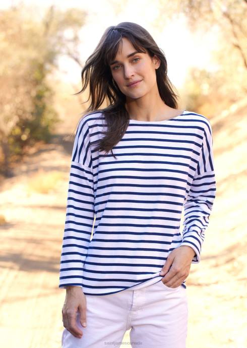 saint_james_unisex_minquiers_drop_ii_v4hd40_drop_shoulder_breton_striped_shirt_soft_cotton_straight_fit_white_navy.jpg Saint James Unisex MINQUIERS DROP II V4HD40 Drop-Shoulder Breton Striped Shirt Soft Cotton Straight Fit WHITE/NAVY - Image 1