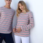 Saint James Unisex MINQUIERS MODERNE V4HD77 Tri-color Striped Shirt Lightweight Cotton ECRU/NAVY/RED
