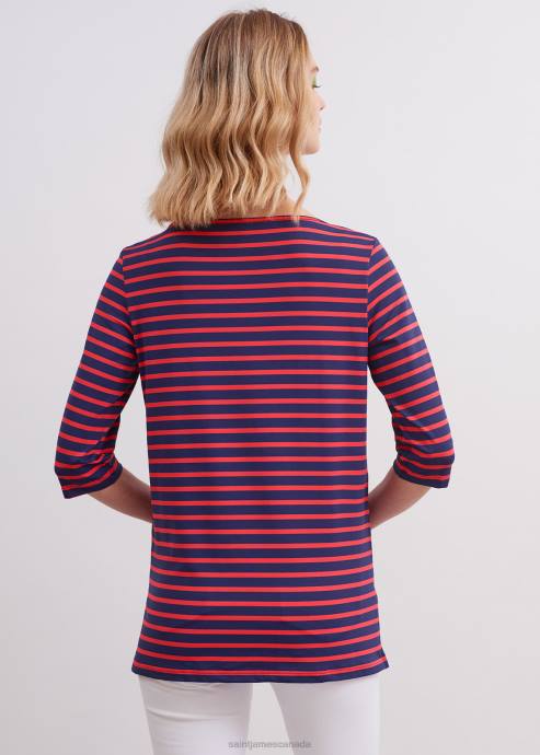 Saint James Unisex PHARE V4HD11 Boat Neck Striped Tunic with Slits Stretch fabric with UV Protection NAVY/TANGERINE - Image 2