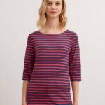 Saint James Unisex PHARE V4HD11 Boat Neck Striped Tunic with Slits Stretch fabric with UV Protection NAVY/TANGERINE