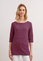 Saint James Unisex PHARE V4HD11 Boat Neck Striped Tunic with Slits Stretch fabric with UV Protection NAVY/TANGERINE