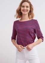 Saint James Unisex PHARE V4HD11 Boat Neck Striped Tunic with Slits Stretch fabric with UV Protection NAVY/TANGERINE - Image 3