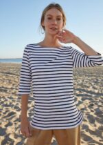Saint James Unisex PHARE V4HD65 Boat Neck Striped Tunic with Slits Stretch fabric with UV Protection WHITE/NAVY - Image 2