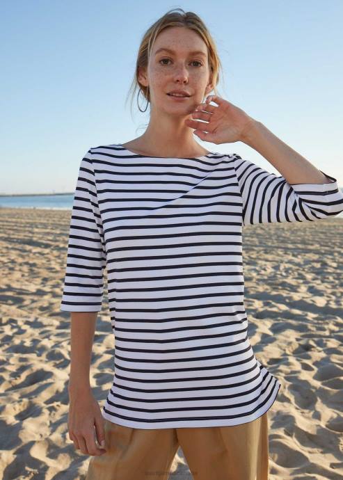 Saint James Unisex PHARE V4HD65 Boat Neck Striped Tunic with Slits Stretch fabric with UV Protection WHITE/NAVY - Image 2