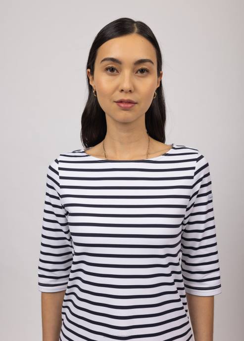 Saint James Unisex PHARE V4HD65 Boat Neck Striped Tunic with Slits Stretch fabric with UV Protection WHITE/NAVY - Image 4