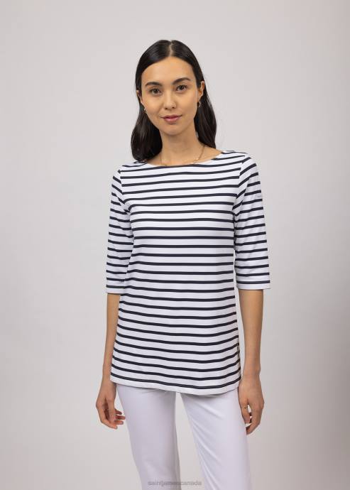 Saint James Unisex PHARE V4HD65 Boat Neck Striped Tunic with Slits Stretch fabric with UV Protection WHITE/NAVY - Image 5