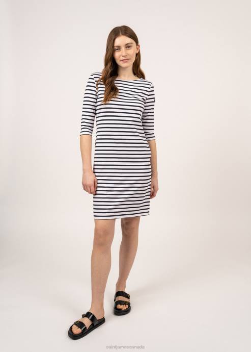 Saint James Unisex PROPRIANO III V4HD110 Form-Fitting Nautical Stripe Dress Anti-UV Stretch Fabric WHITE/NAVY - Image 2