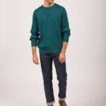 Saint James Unisex SIENNE V4HD149 Contrasting Rib Sweater 100% Wool EMERALD GREEN