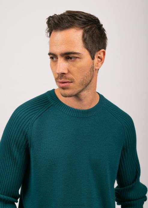 Saint James Unisex SIENNE V4HD149 Contrasting Rib Sweater 100% Wool EMERALD GREEN - Image 4
