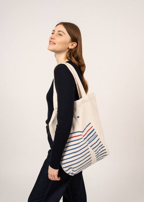 Saint James Unisex STRIPED TOTE BAG V4HD1 Tote Bag in Recycled Cotton ECRU/ROYAL BLUE - Image 3