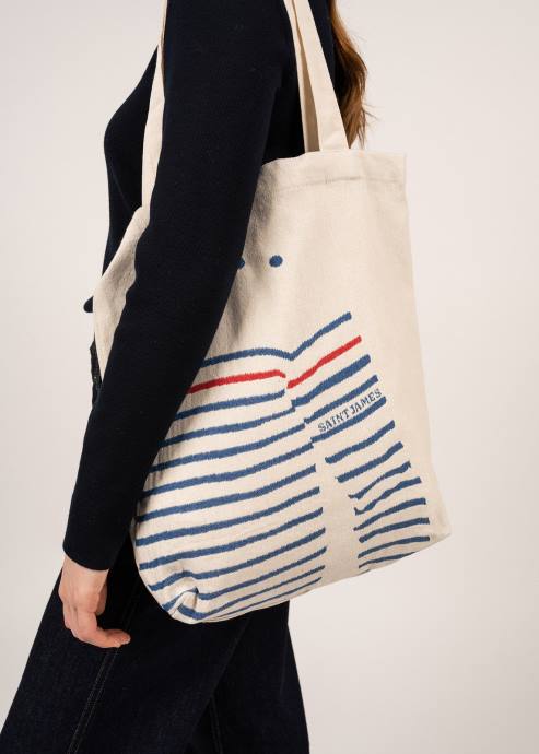 Saint James Unisex STRIPED TOTE BAG V4HD1 Tote Bag in Recycled Cotton ECRU/ROYAL BLUE - Image 4