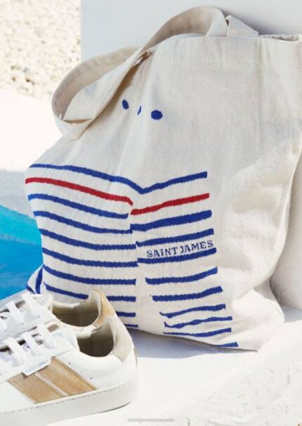 Saint James Unisex STRIPED TOTE BAG V4HD1 Tote Bag in Recycled Cotton ECRU/ROYAL BLUE