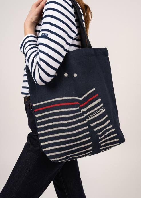 Saint James Unisex STRIPED TOTE BAG V4HD9 Tote Bag in Recycled Cotton NAVY/ECRU - Image 3