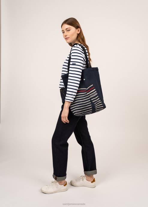 Saint James Unisex STRIPED TOTE BAG V4HD9 Tote Bag in Recycled Cotton NAVY/ECRU - Image 4