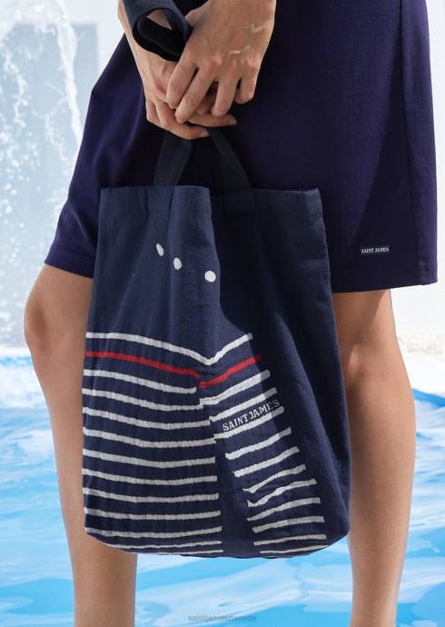 Saint James Unisex STRIPED TOTE BAG V4HD9 Tote Bag in Recycled Cotton NAVY/ECRU - Image 1