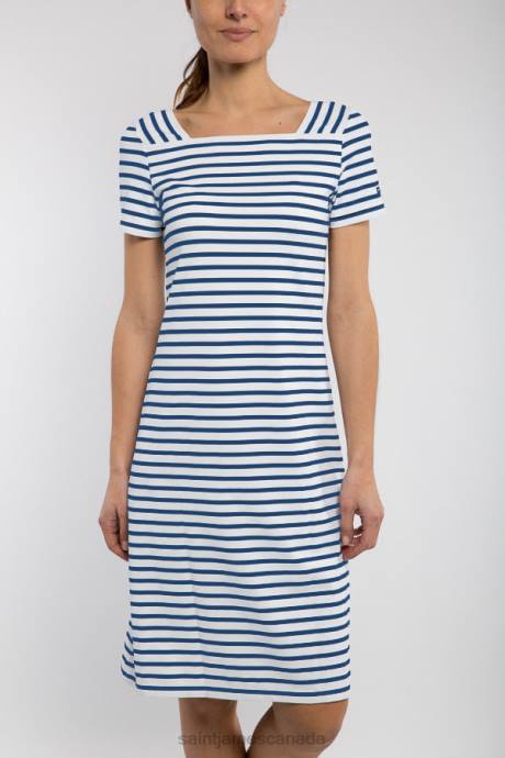 Saint James Unisex TOLEDE II V4HD137 Square Neck Nautical Striped Dress Anti-UV Stretch Fabric WHITE/ROYAL BLUE - Image 2