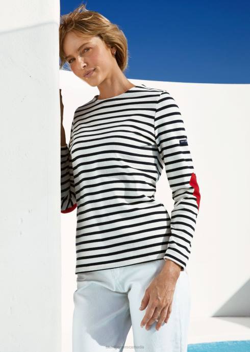 Saint James Unisex VAUJANY V4HD17 Striped Shirt with Heart Elbow patches ECRU/NAVY - Image 2