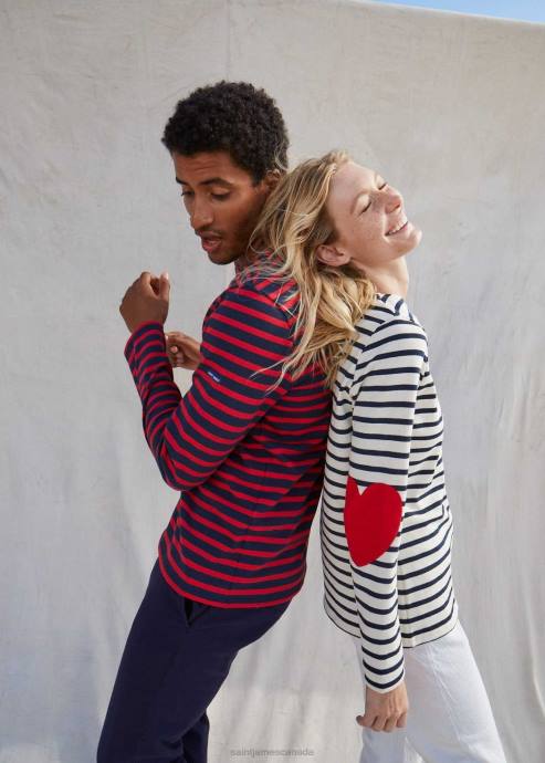Saint James Unisex VAUJANY V4HD17 Striped Shirt with Heart Elbow patches ECRU/NAVY - Image 11