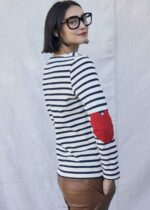 Saint James Unisex VAUJANY V4HD17 Striped Shirt with Heart Elbow patches ECRU/NAVY - Image 12