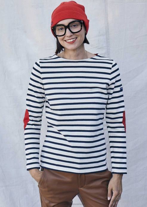 Saint James Unisex VAUJANY V4HD17 Striped Shirt with Heart Elbow patches ECRU/NAVY - Image 3