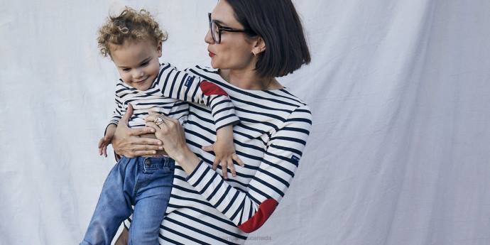 Saint James Unisex VAUJANY V4HD17 Striped Shirt with Heart Elbow patches ECRU/NAVY - Image 4