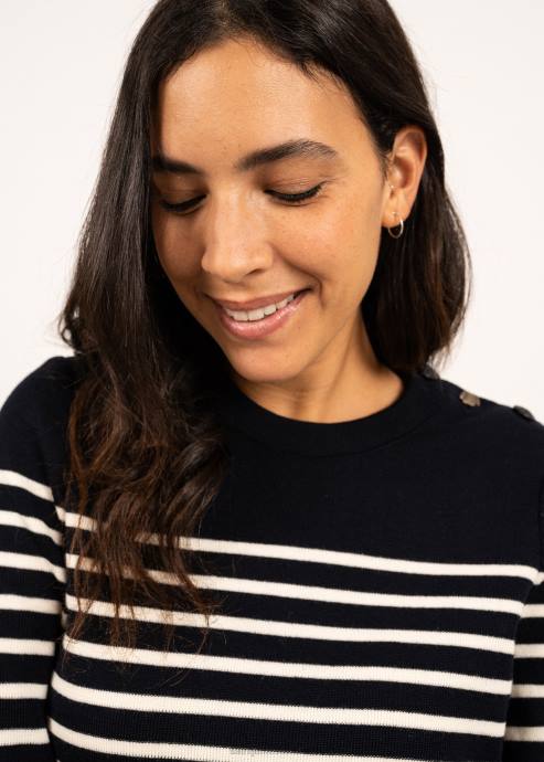 Saint James Women BREGANCON V4HD29 Breton Striped Sweater with Jacquard Elbow Patch NAVY/IVORY - Image 4