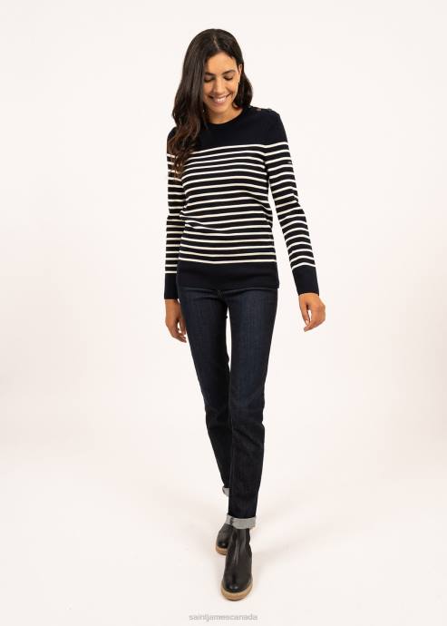 Saint James Women BREGANCON V4HD29 Breton Striped Sweater with Jacquard Elbow Patch NAVY/IVORY - Image 1