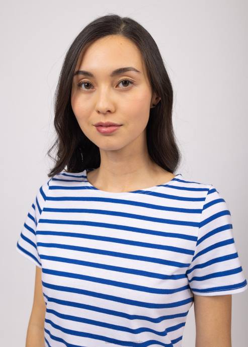 Saint James Women ETRILLE V4HD76 Nautical Stripe Tee with Short Sleeves Soft Cotton Fit WHITE/ROYAL BLUE - Image 2