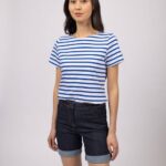 Saint James Women ETRILLE V4HD76 Nautical Stripe Tee with Short Sleeves Soft Cotton Fit WHITE/ROYAL BLUE