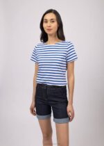 Saint James Women ETRILLE V4HD76 Nautical Stripe Tee with Short Sleeves Soft Cotton Fit WHITE/ROYAL BLUE