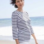 Saint James Women GALATHEE II V4HD51 Breton Striped Top with Sleeve Soft Cotton Fit WHITE/BLACK
