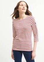 Saint James Women GALATHEE II V4HD95 Breton Striped Top with Sleeve Soft Cotton Fit ECRU/MAROON