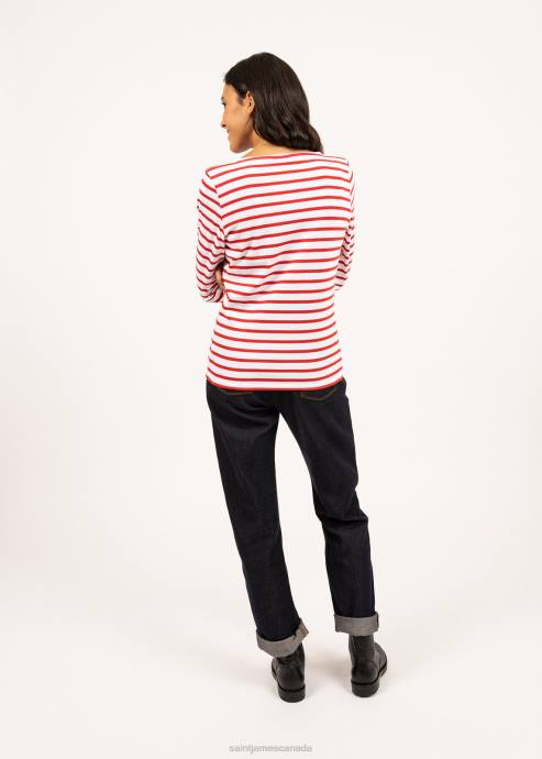 Saint James Women GALATHEE II V4HD96 Breton Striped Top with Sleeve Soft Cotton Fit WHITE/RED - Image 2