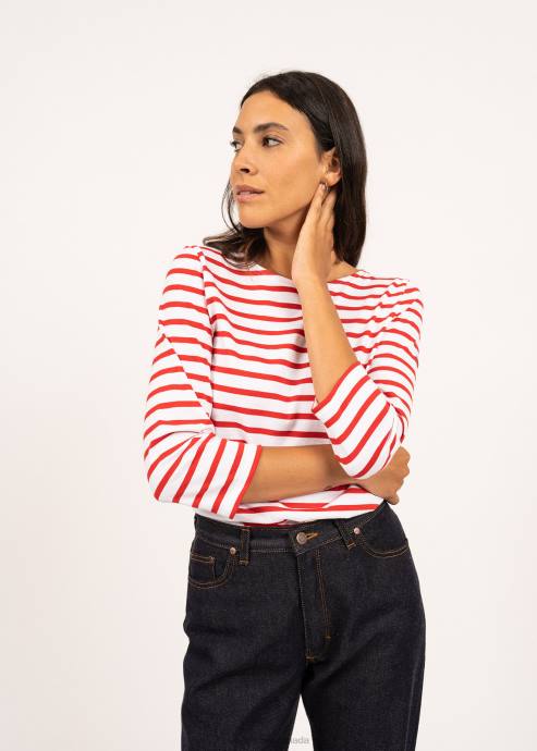 Saint James Women GALATHEE II V4HD96 Breton Striped Top with Sleeve Soft Cotton Fit WHITE/RED - Image 3