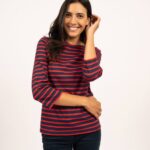 Saint James Women GALATHEE II V4HD98 Breton Striped Top with Sleeve Soft Cotton Fit NAVY/RED