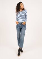 Saint James Women MINQUIDAME V4HD22 Breton Striped Shirt with Long Sleeve Soft Cotton Fit WHITE/ROYAL BLUE