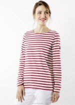 Saint James Women MINQUIDAME V4HD31 Breton Striped Shirt with Long Sleeve Soft Cotton Fit ECRU/MAROON