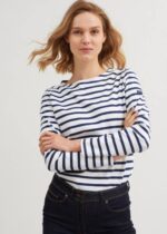 Saint James Women MINQUIDAME V4HD62 Breton Striped Shirt with Long Sleeve Soft Cotton Fit WHITE/NAVY