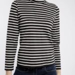 Saint James Women OURAL V4HD116 Turtleneck Striped Shirt for Stretch Fabric Fit BLACK/IVORY