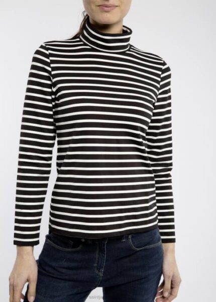 Saint James Women OURAL V4HD116 Turtleneck Striped Shirt for Stretch Fabric Fit BLACK/IVORY